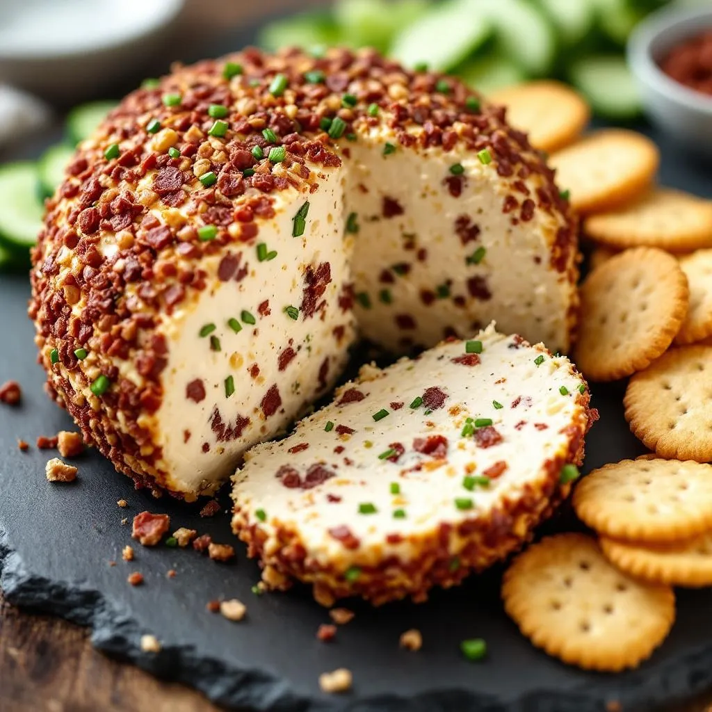  Dried Beef Cheese Ball with Chives and Pecans serving