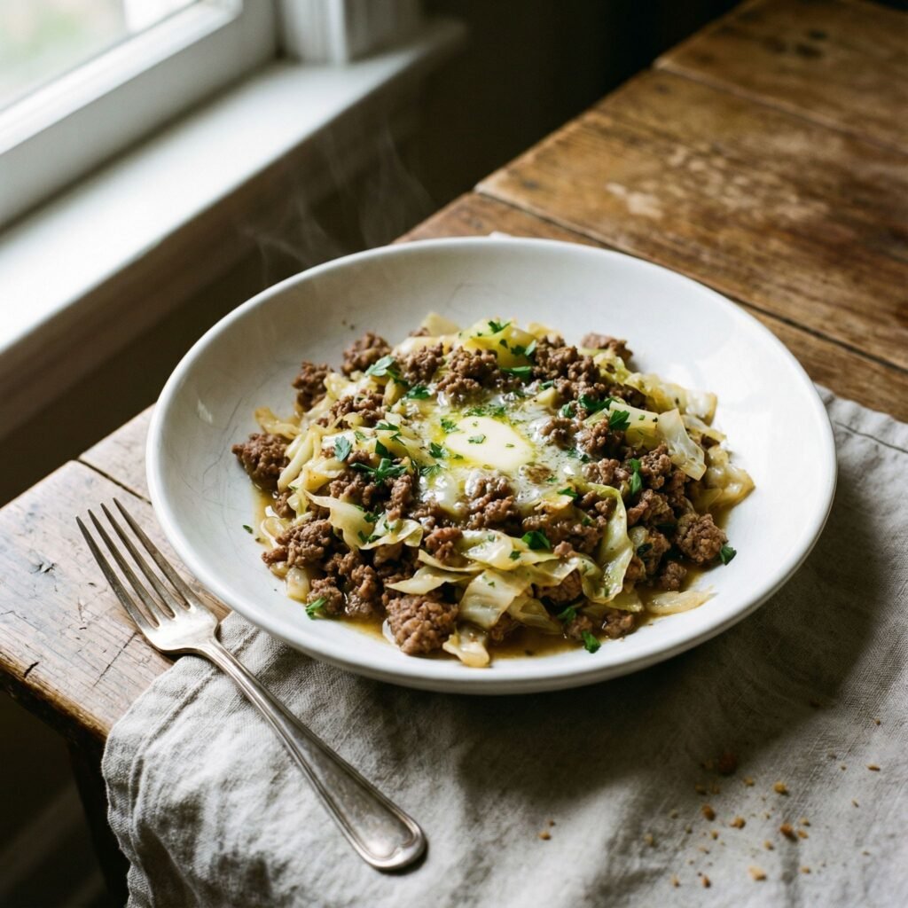   Minced Beef and Cabbage Skillet with Garlic Butter serving