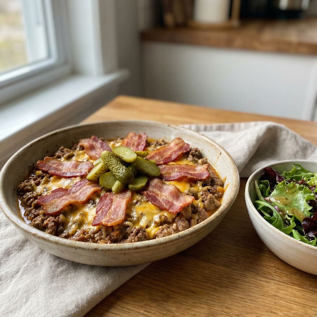 Cheeseburger Skillet with Crispy Bacon and Pickles serving
