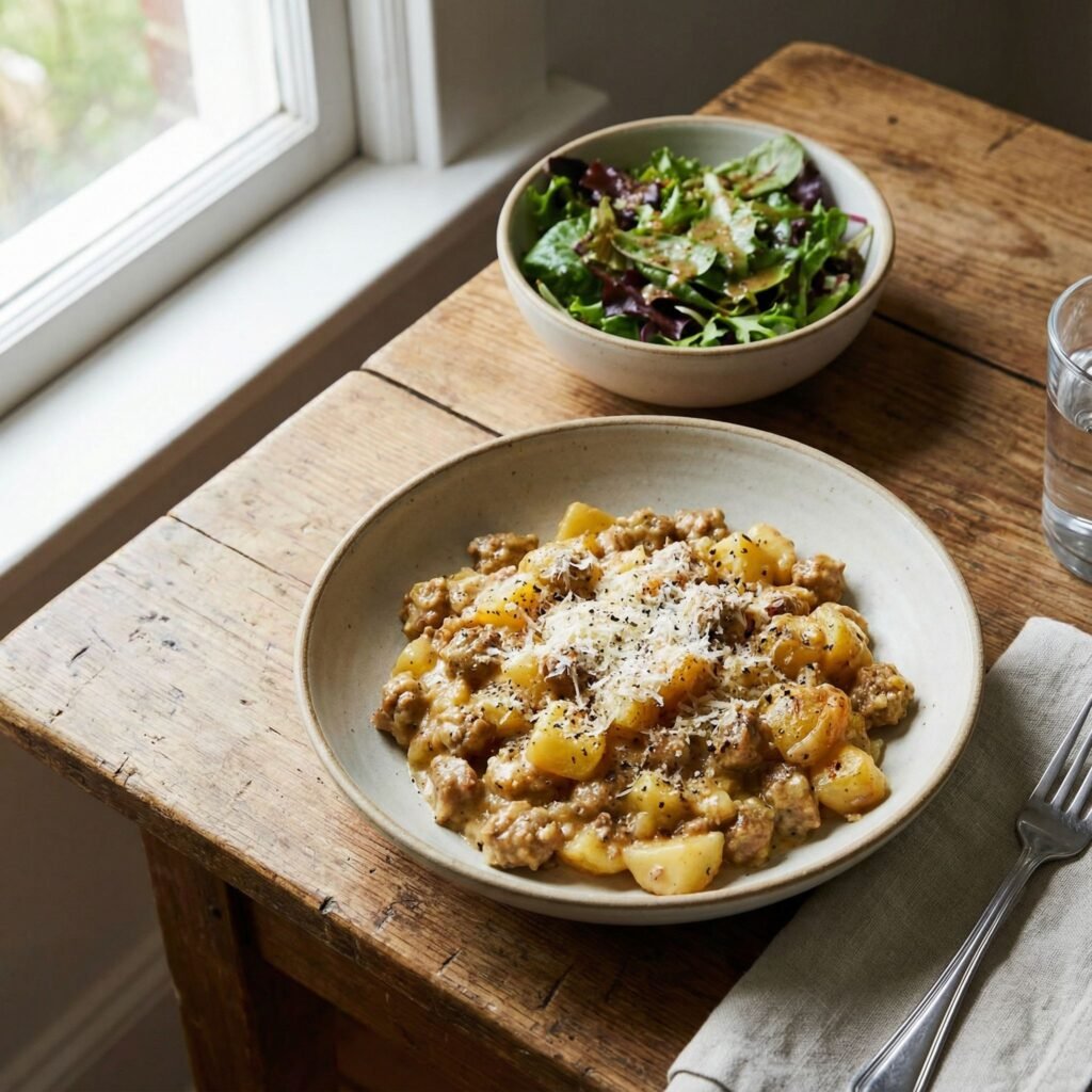   Creamy Sausage Skillet with Spinach and Mushrooms serving