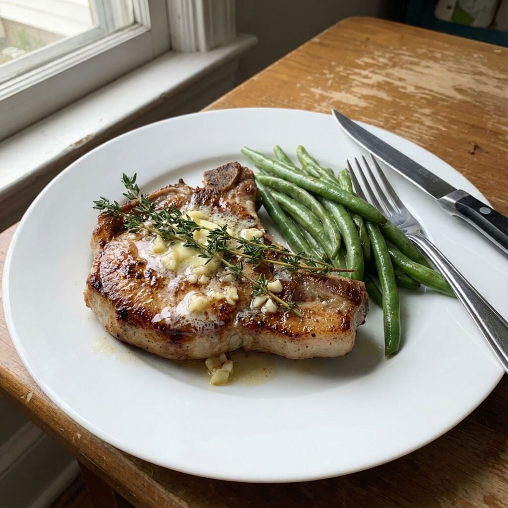   One Pan Pork Chops and Green Beans with Garlic Butter serving