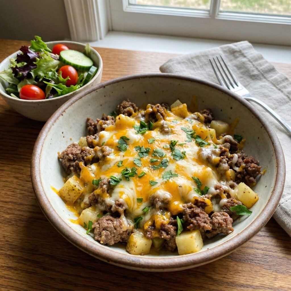   Cheesy Beef Skillet with Peppers and Melty Mozzarella serving