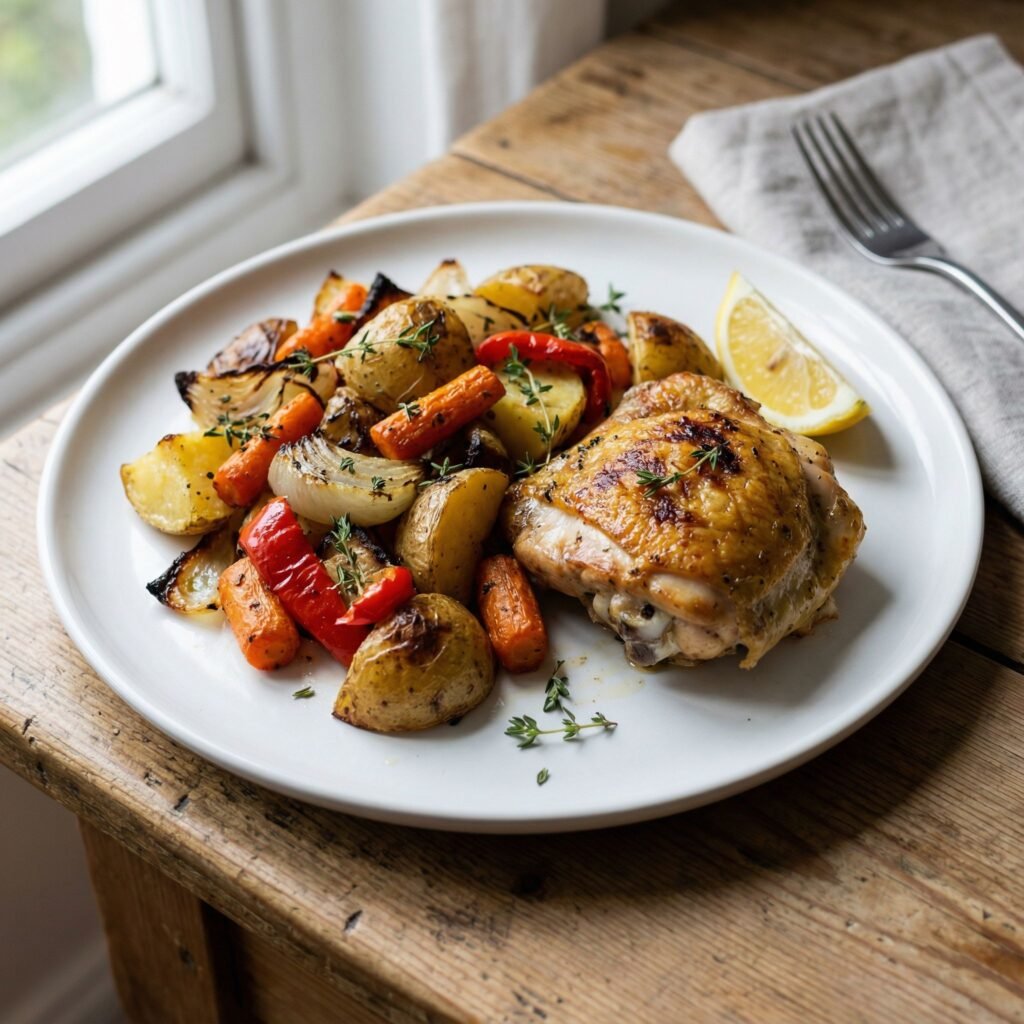   Chicken Tray Bake with Garlic Herb Butter and Roasted Veg serving