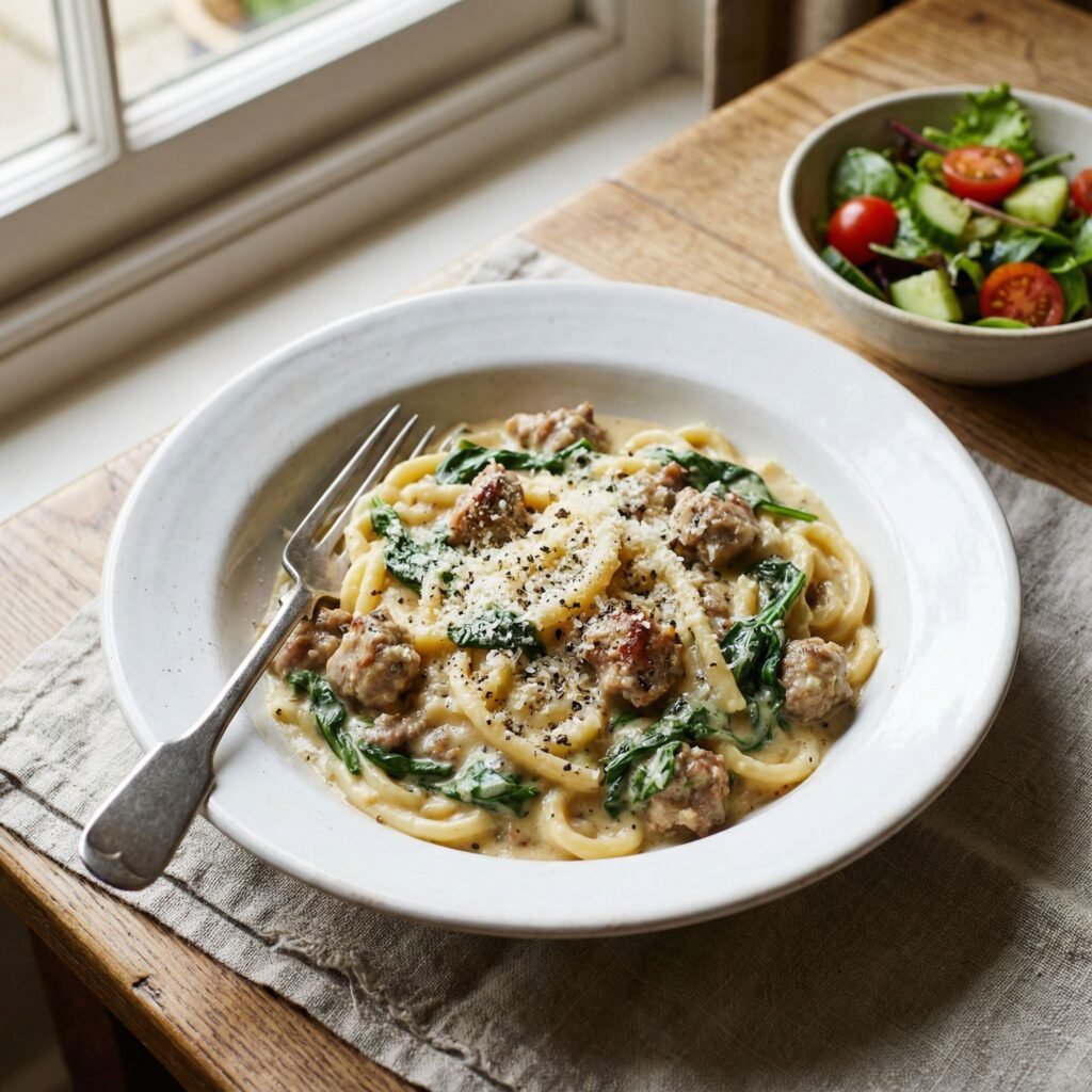   Creamy Sausage and Spinach Skillet – One-Pan Comfort Dinner serving