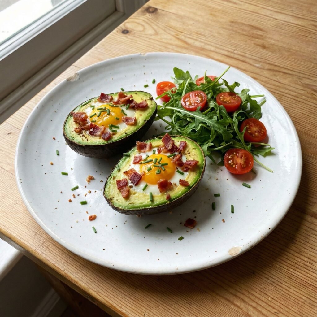   Avocado Egg Bowl with Crispy Bacon and Chives serving