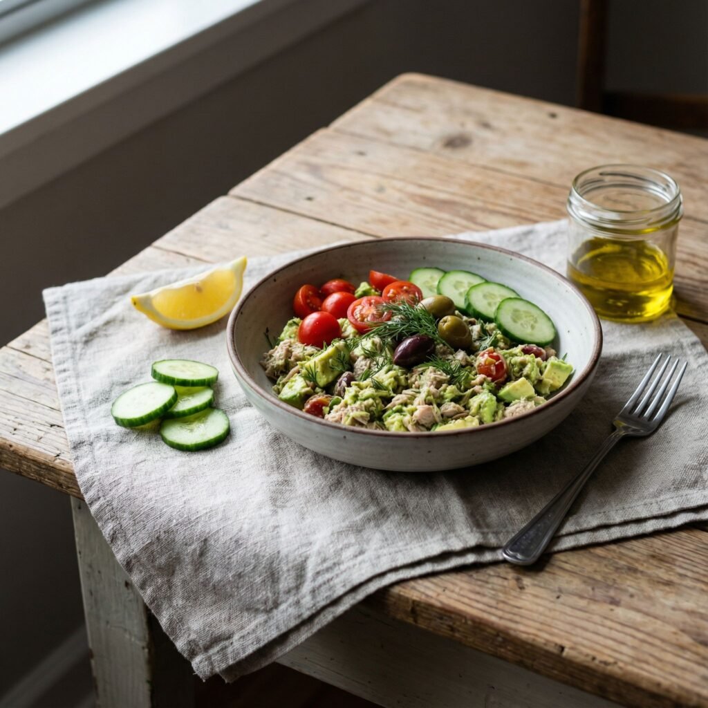   Avocado Tuna Bowl with Crunchy Cucumber and Lemon Mayo serving