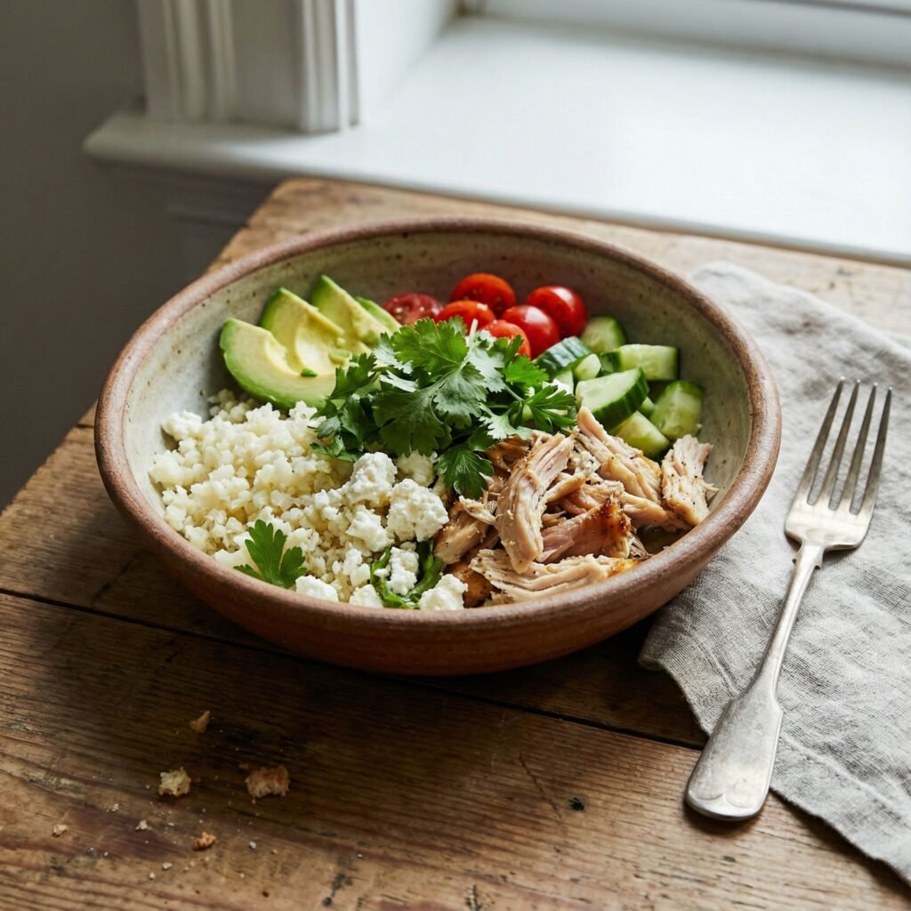   Leftover Chicken Bowl with Creamy Avocado and Crunchy Veg serving